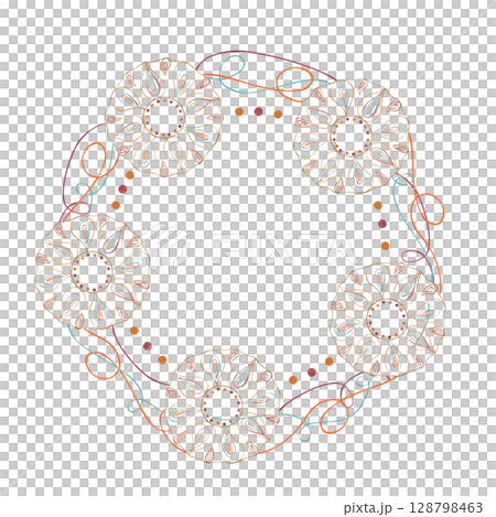 Traditional floral rangoli with colored ribbons watercolor wreath with empty space for text. Indian ornament illustration isolated on white background. Diwali mandala frame for greeting card. 128798463