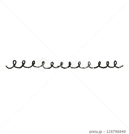 Wavy horizontal line segment of black color with twisted loops, pencil drawing by hand. Wavy horizontal line segment of black color with twisted loops, pencil drawing by hand. 128798840