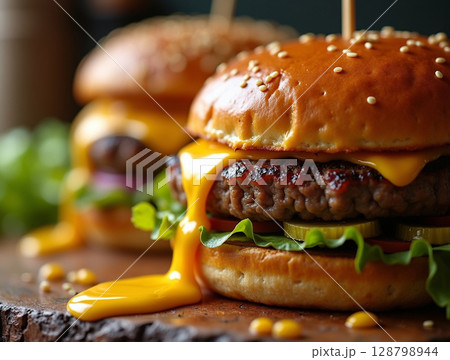 Melted Cheese Cascading Over Grilled Burger Macro with Caramelized Texture and Oil Gloss in Rustic Daylight 128798944