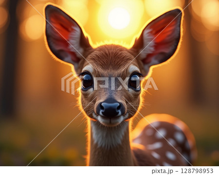 Close-Up of Young Deer Gazing Up with Reflective Eyes and Sunset Fur Tones Under Forest Golden Light 128798953