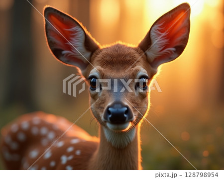 Close-Up of Young Deer with Reflective Eyes and Soft Fur in Golden-Hour Forest Framing 128798954