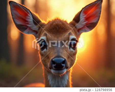 Golden-Hour Portrait of Young Deer with Reflective Eyes and Soft Fur Framed by Forest Bokeh 128798956