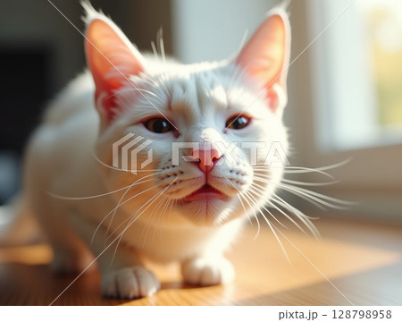 Low-Angle Macro of White Cat is Snout Showing Whiskers, Pink Skin, and Lower Canine in Soft Sunlight 128798958