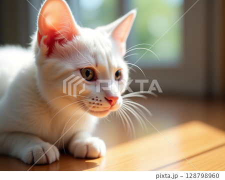 Macro Snout of White Cat with Ultra-Sharp Whiskers, Pink Lips, and Lower Canine Under Soft Indoor Sunlight 128798960