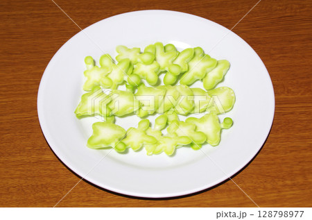 食べやすい大きさにカットしたブロッコリーの茎（木目背景） 128798977