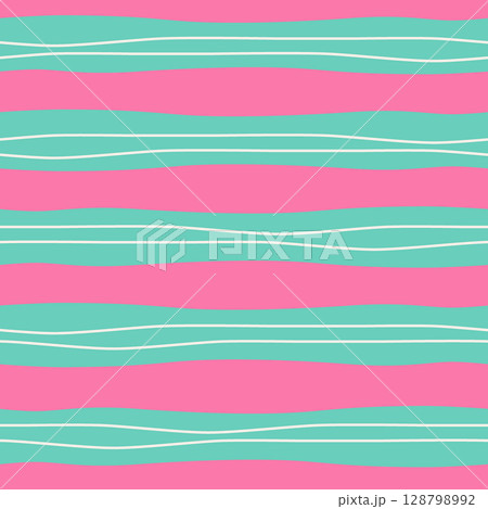 Colorful wavy stripes vector seamless pattern. Modern minimal repeat design with hand drawn wobbly thin and thick irregular lines. Retro pink, turquoise geometric tile. Playful abstract background  128798992