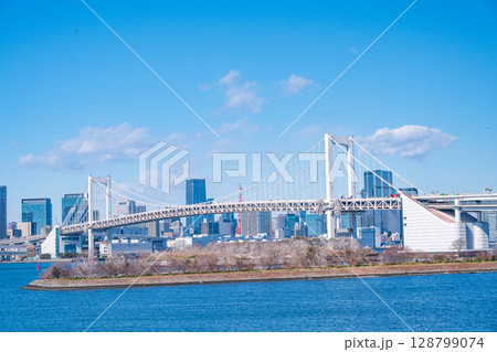 cityscape of Tokyo skyline with Tokyo tower and rainbow bridge at daytime in Japan cityscape of Tokyo skyline with Tokyo tower and rainbow bridge at daytime in Japan 128799074