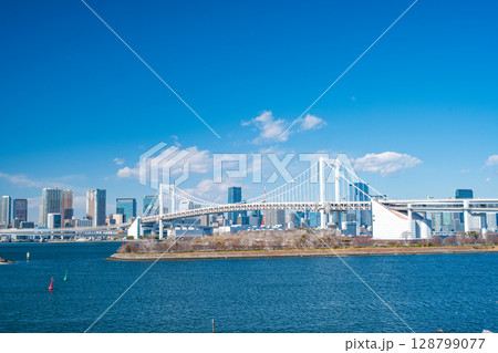 cityscape of Tokyo skyline with Tokyo tower and rainbow bridge at daytime in Japan cityscape of Tokyo skyline with Tokyo tower and rainbow bridge at daytime in Japan 128799077