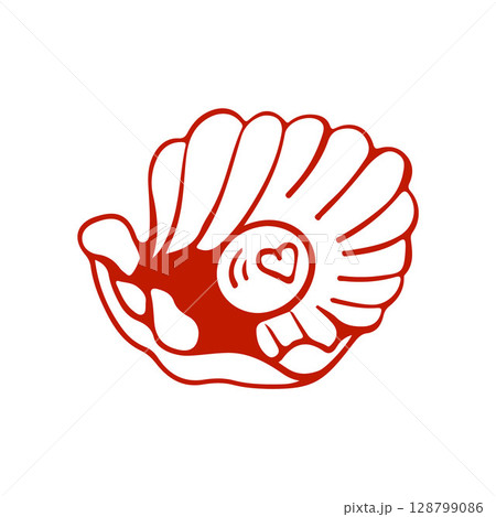 Pearl in oyster shell, vector illustration with doodle style. Round sea shell in red color. Open shell with heart. Wedding day, Valentines day 128799086