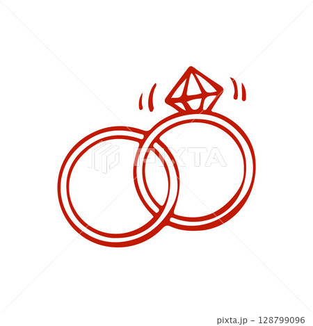 Wedding rings icon vector. Wedding illustration sign. Two rings in red frosted outline. Vector illustration in doodle style. 128799096