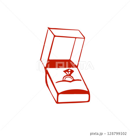 Wedding ring in a box linear drawing. Wedding icon. Marriage proposal. Vector illustration in red color. Wedding ring in a box linear drawing. Wedding icon. Marriage proposal. Vector illustration in red color. 128799102