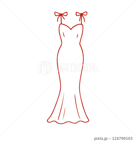 Wedding dress icon in red color. Illustration of long wedding dress in doodle style. Vector illustration 128799103