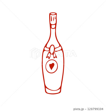 Champagne bottle, Wedding icon in red color. Line drawing in doodle style. Vector illustration 128799104