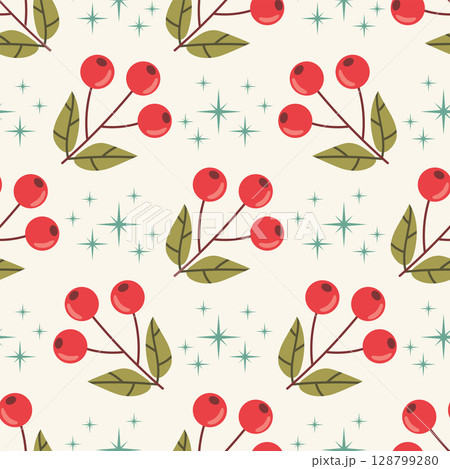 Seamless pattern with red rowan berries branch and stars arranged in polka dot order. 128799280