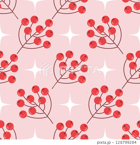 Cute seamless pattern with red rowan berries branch and stars in polka dot order. 128799284