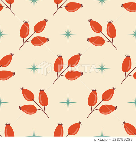 Red rosehip branch with berries and stars in neat polka dot order seamless pattern. 128799285