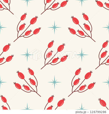 Seamless pattern with red rosehip berries branch and stars in even polka dot order. 128799286