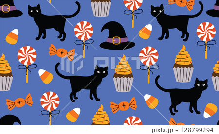 Cute Halloween seamless pattern with black cat, candies, cupcake, and witch hat on dark blue background 128799294