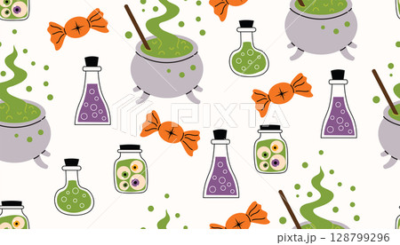 Cute Halloween seamless pattern with cauldrons, test tubes with poison, jars with eyeballs and candies. 128799296