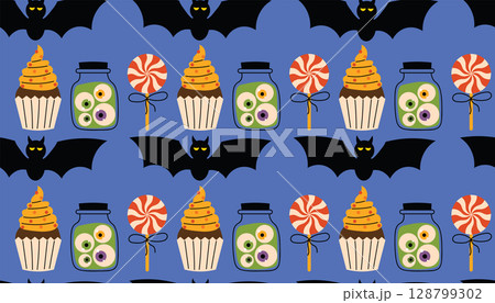 Cute Halloween seamless pattern with black bats, cupcakes, jars with eyeballs and twisted lollipops. 128799302