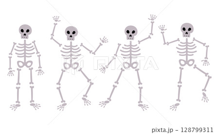Cute happy Halloween set of standing and dancing skeletons in various fun poses. Cute happy Halloween set of standing and dancing skeletons in various fun poses. 128799311