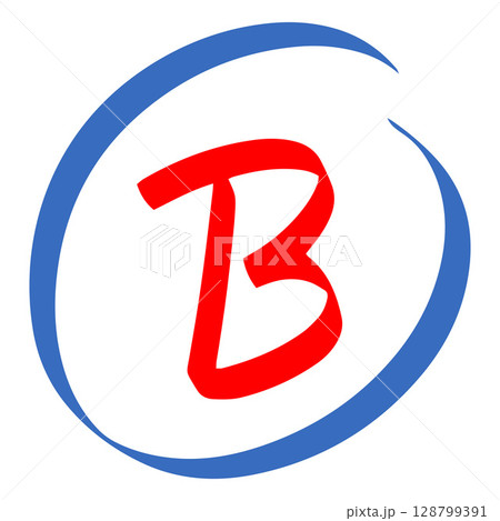 Exam score symbol, grade result - B, good test result red letter in blue circle, handwritten student evaluation sign 128799391