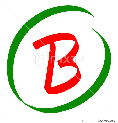 Exam score symbol, grade result - B, good test result red letter in green circle, handwritten student evaluation sign 128799395