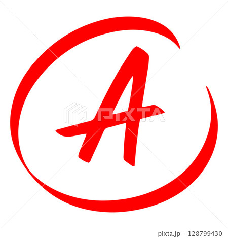 Exam score red marker symbol, grade result - A, high test result letter in circle, handwritten student evaluation sign 128799430