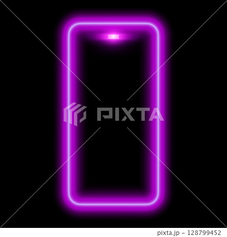 Glowing blank smartphone screen. Neon pink frame mockup. Isolated black background. 128799452