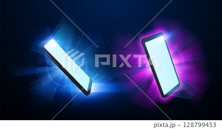 Vector set of blank mobile phone screens on glowing neon bright rays background. Vector set of blank mobile phone screens on glowing neon bright rays background. 128799453