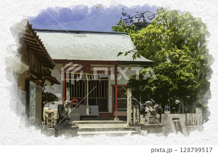 水彩画風　徳島眉山公園　剣山神社　社殿　徳島県徳島市 128799517