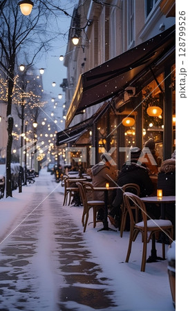 都会のカフェの雪景色 128799526