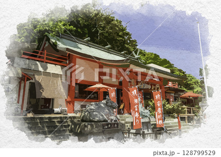 水彩画風 徳島眉山天神社 社殿 徳島県徳島市 水彩画風 徳島眉山天神社 社殿 徳島県徳島市 128799529
