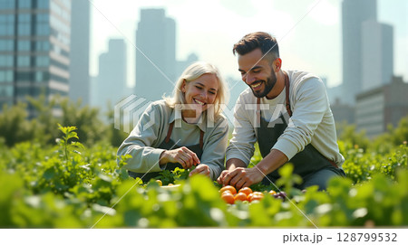 Urban Garden Harvest, Joyful Couple Gathering Fresh Produce. 128799532
