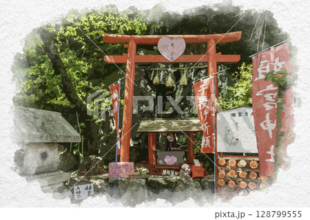水彩画風 徳島眉山天神社 姫宮神社 徳島県徳島市 水彩画風 徳島眉山天神社 姫宮神社 徳島県徳島市 128799555