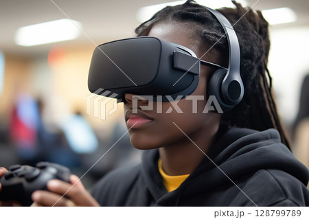 A woman wearing VR glasses, holding a controller, with a look of determination as she plays 128799789