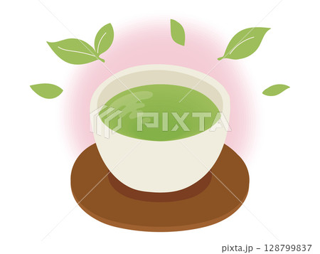 ピンクのほんわかした雰囲気の緑茶のイラスト 128799837