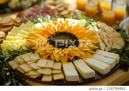 A cheese and cracker platter arranged to look like a blooming sunflower 128799862