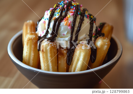 A churro sundae with vanilla ice cream, chocolate drizzle, and sprinkles 128799863