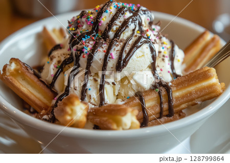 A churro sundae with vanilla ice cream, chocolate drizzle, and sprinkles 128799864