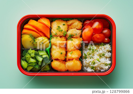 A colorful bento box filled with tempura, rice, and pickled vegetables 128799866