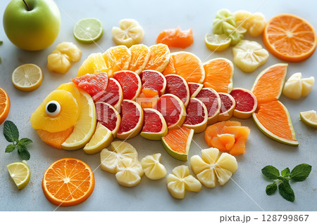 A creative arrangement of fruit slices forming a tropical fish design 128799867