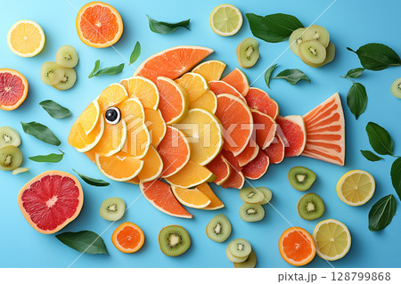A creative arrangement of fruit slices forming a tropical fish design 128799868