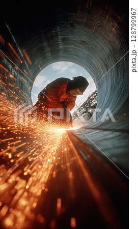 Welder in protective gear works inside large metal pipe, creating bright sparks. dynamic angle and lighting add intensity to scene 128799967