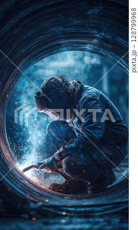 Welder in protective gear works inside large metal pipe, surrounded by sparks and blue smoke, creating intense industrial scene 128799968