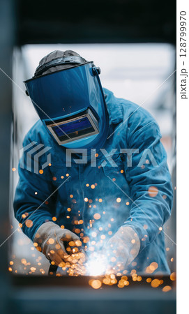 Skilled industrial welder in protective gear works with precision, sparks flying in dynamic display of craftsmanship Skilled industrial welder in protective gear works with precision, sparks flying in dynamic display of craftsmanship 128799970