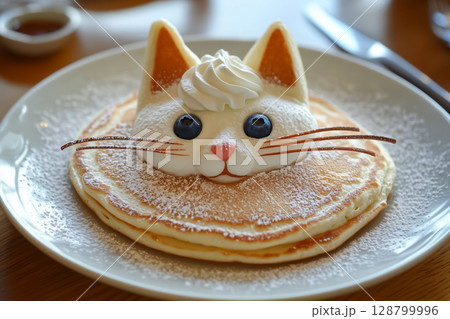 A plate of pancakes shaped like a cat with whipped cream whiskers and blueberry eyes 128799996