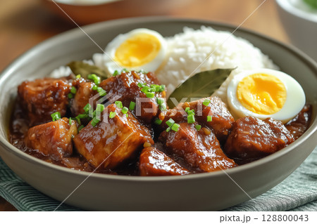 Adobo served in a clay pot with tender pork belly and vinegar sauce 128800043