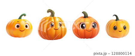 Four cute cartoon pumpkins smiling for halloween celebration 128800114