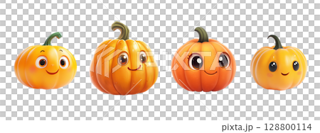 Four cute cartoon pumpkins smiling for halloween celebration 128800114